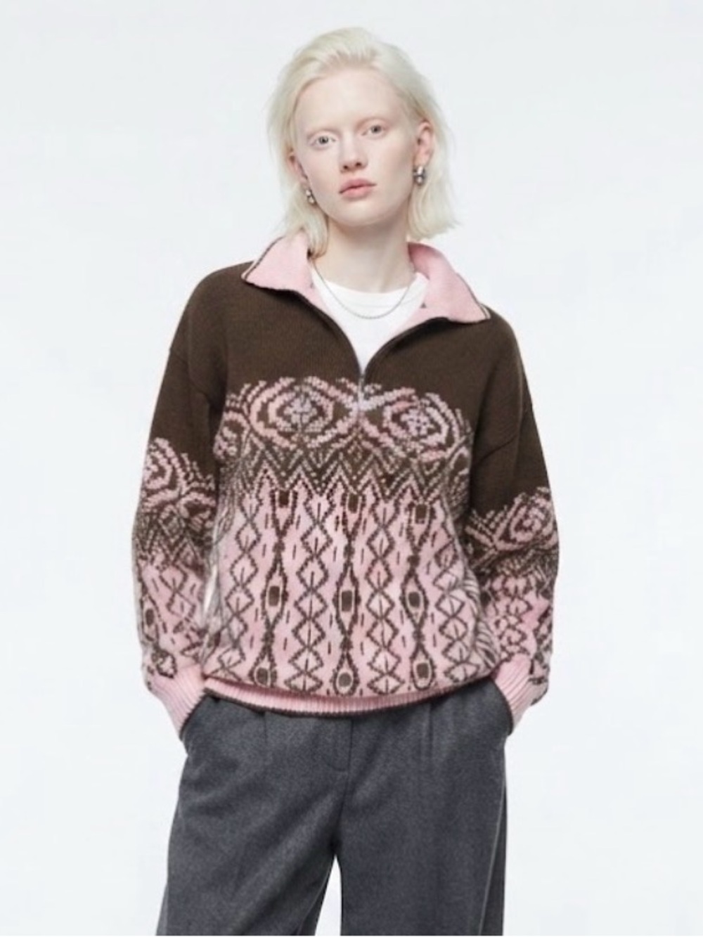 Vintage 90s Benetton Chocolate Brown & Pink Fair Isle Wool Sweater